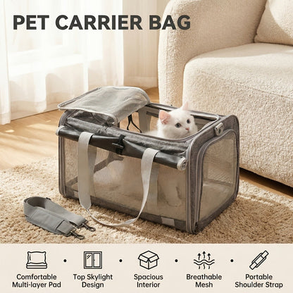 Airline Approved Pet Carrier Soft Sided Collapsible for Cats & Small Dogs - Breathable Oxford Cloth Travel Bag with Zipper Closure, Privacy Cover & Combo Set with Collar Leash Harness, Blue Pink Grey Green Beige