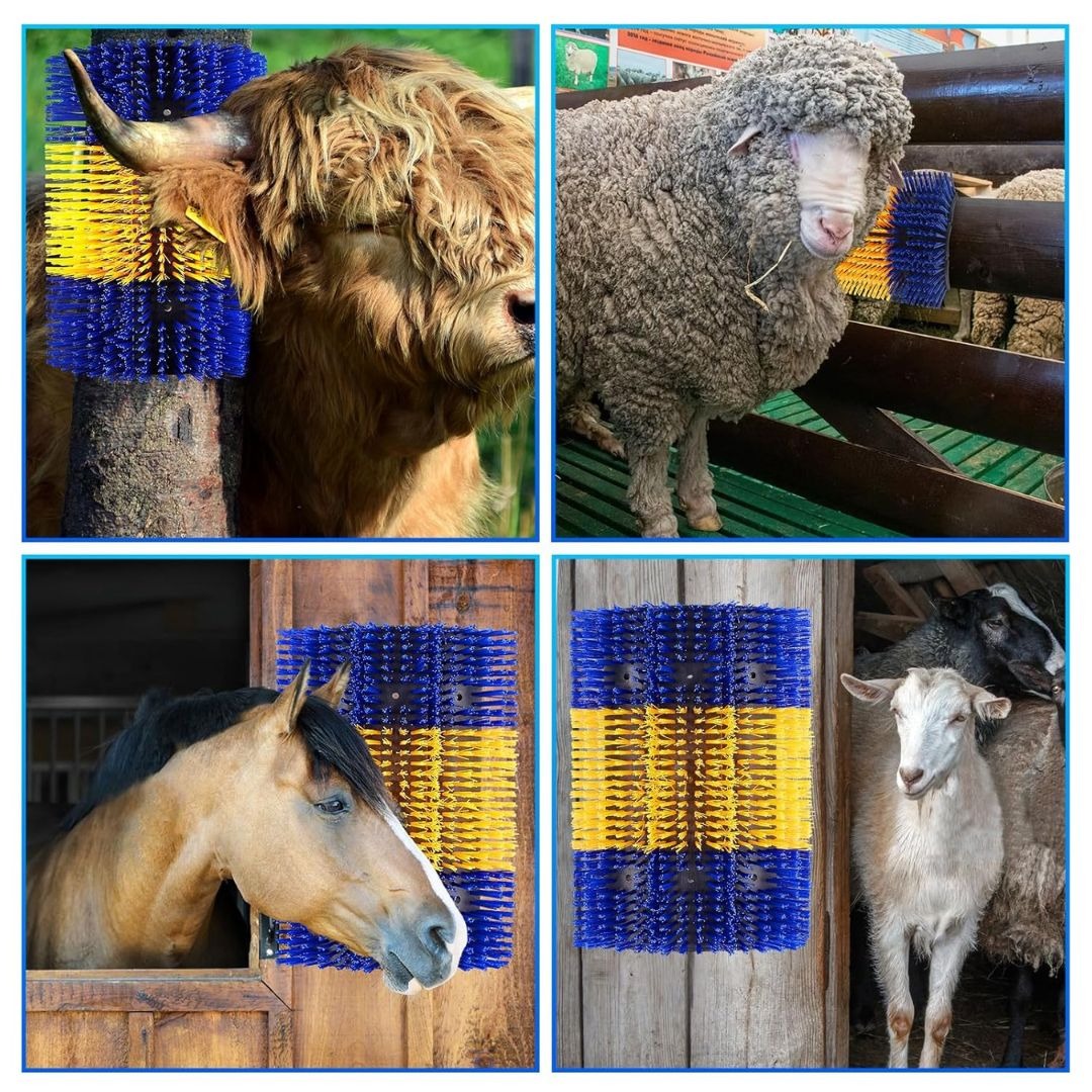 Livestock Grooming Brush Scratcher 8.7" – All-in-One Massage & Itch Relief Tool for Horse, Cow, Goat & Pig | Easy Install with 4 Screws, Battery-Free Stress Reduction, Red/Blue & Yellow/Blue