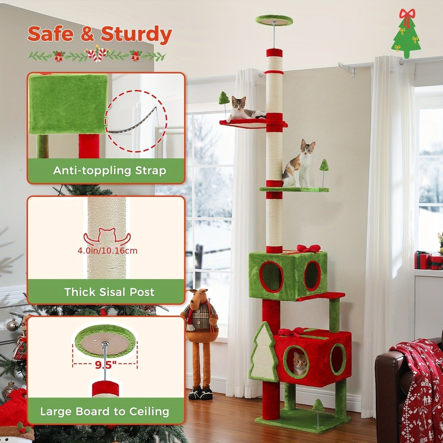 Floor to Ceiling Cat Tree Tower 90–107" – 4-Tier Tall Adjustable Cat Climbing Post with Tension Rod | Ceiling-Mounted Stable Cat Activity Center for Indoor Cats, Multiple Colors