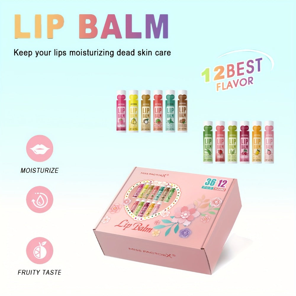 Lip Balm Set 36 Pcs Moisturizing Tinted Lip Butter with Jojoba Oil — 12 Flavors Natural Hydrating Lip Care for Dry Chapped Lips Women Adults Gift Box