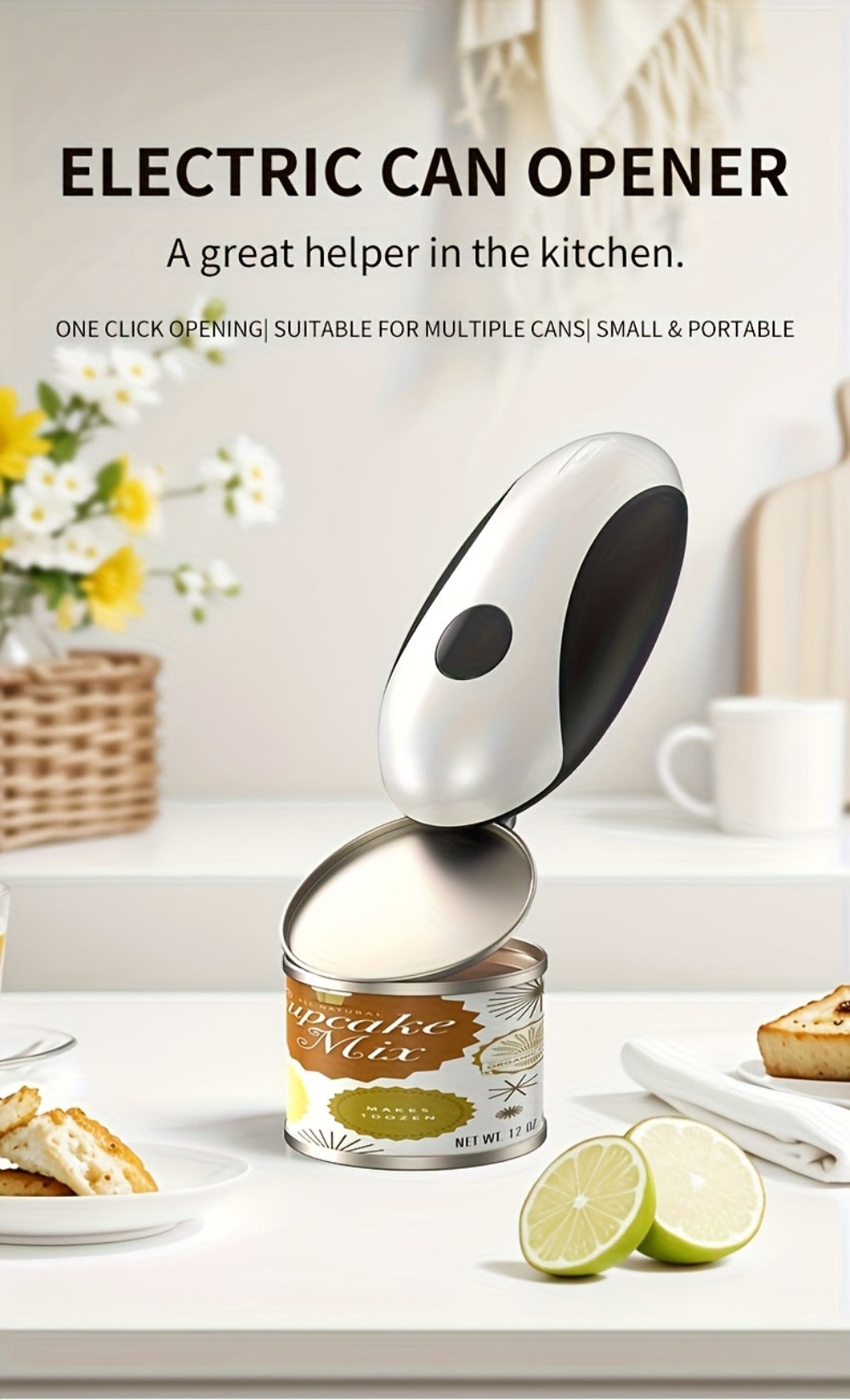 Electric Can Opener One-Touch Automatic – USB Rechargeable, Smooth Edge Safety, Auto Power-Off, Cordless for Kitchen, Camping & Seniors