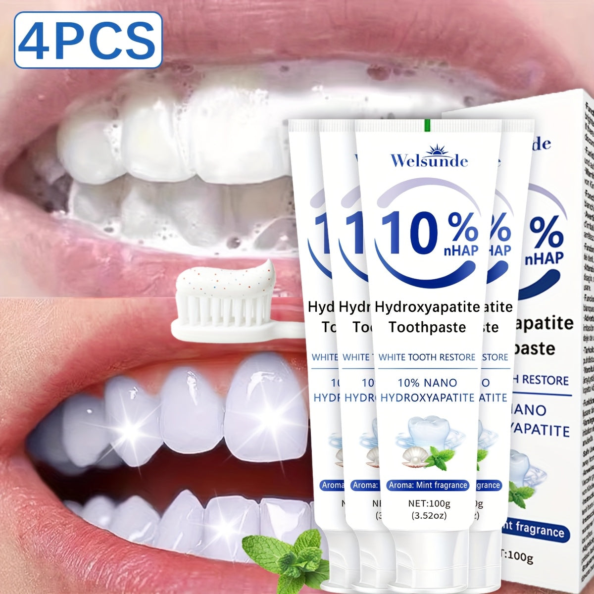 Hydroxyapatite Toothpaste 4-Pack – 10% Nano Formula with Baking Soda, Deep Cleaning & Whitening Gel, Mint Fresh Breath, Fluoride-Free Daily Oral Care for Everyone, Home & Travel Sleek Tube Design (400g)