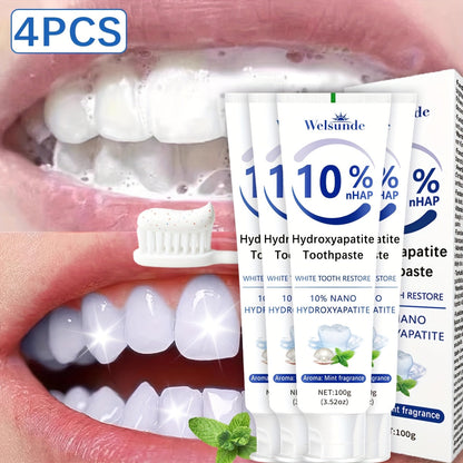 Hydroxyapatite Toothpaste 4-Pack – 10% Nano Formula with Baking Soda, Deep Cleaning & Whitening Gel, Mint Fresh Breath, Fluoride-Free Daily Oral Care for Everyone, Home & Travel Sleek Tube Design (400g)