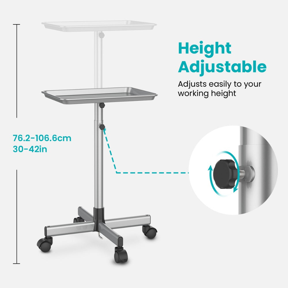 Salon Rolling Tray Trolley on Wheels Height Adjustable 30"-42" – Silver Mobile Salon Cart for Nail Tech, Esthetician, Barber, Hair Stylist & Beauty Station Tool Organizer