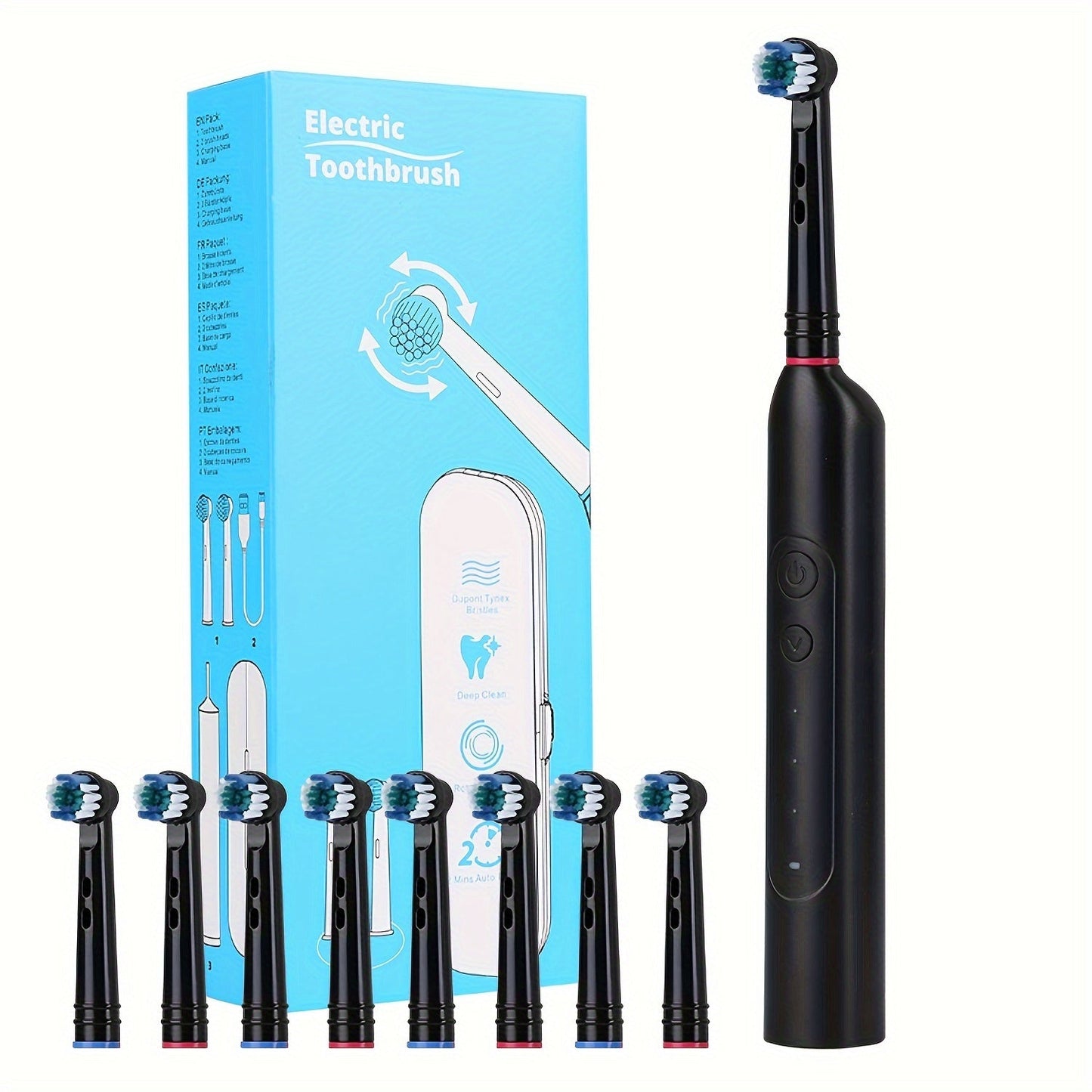 IPX7 Waterproof Electric Toothbrush with 8 Brush Heads & Travel Case – 3 Rotating Cleaning Modes, USB Type-C Fast Charge, Shower-Safe Sonic Toothbrush for Adults, Black & White