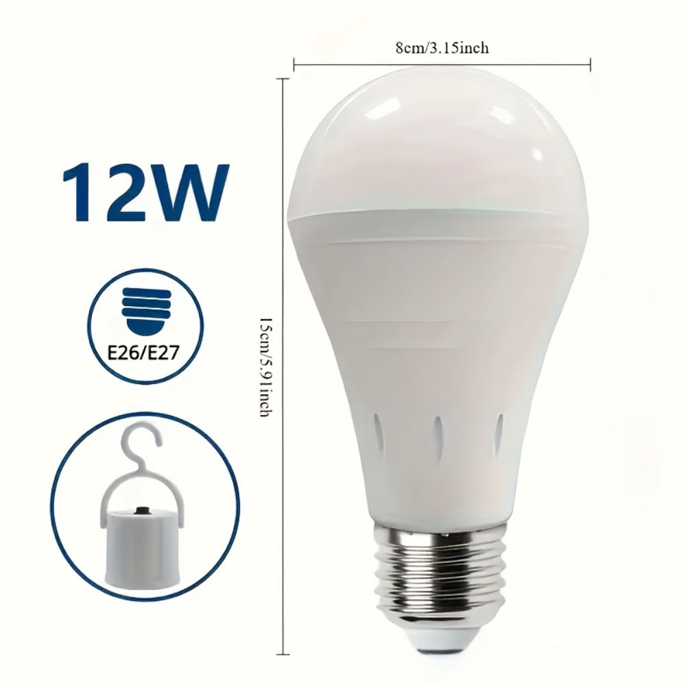 Rechargeable Emergency LED Light Bulb 12W 6500K 2000mAh with Polished Metal Finish – Spherical Design Half-Flip Installation Backup Battery Bulb for Camping Hiking Indoor Outdoor Power Outage, 4 Pack