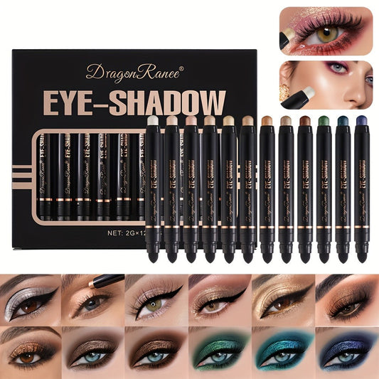 Shimmer Eyeshadow Stick Set 12 Pcs Double-Ended Glitter Cream Eye Shadow Pencil Waterproof Long-Lasting Squalane-Infused Makeup Kit for Women Daily Party Bridal
