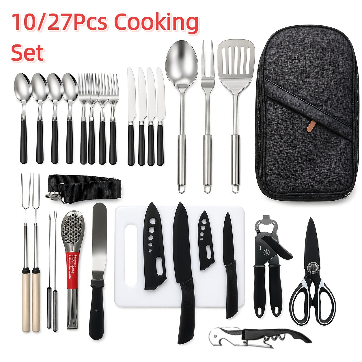 Camping Cookware Set Stainless Steel – 10 & 27 Piece Outdoor Cooking Utensil Kit with Organizer Bag for Camping, BBQ, Picnic, RV, Travel & Backpacking