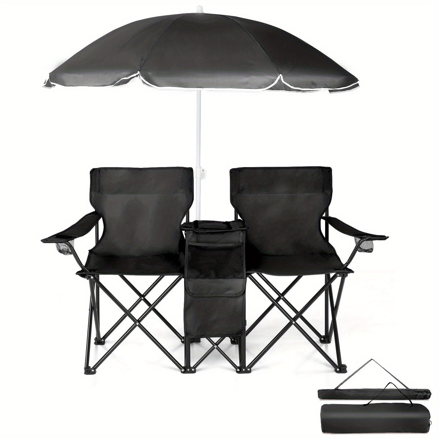Folding Fishing Chair with Sun Umbrella – 2-Seat Portable Outdoor Chair, Iron Alloy Frame & Oxford Fabric, Built-In Storage Bag & Carry Bag, for Beach, Patio, Camping & Sunbathing, 4 Colors