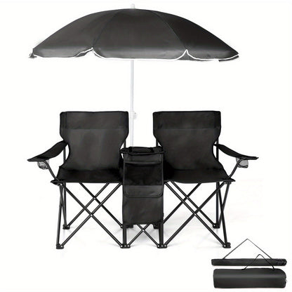 Folding Fishing Chair with Sun Umbrella – 2-Seat Portable Outdoor Chair, Iron Alloy Frame & Oxford Fabric, Built-In Storage Bag & Carry Bag, for Beach, Patio, Camping & Sunbathing, 4 Colors