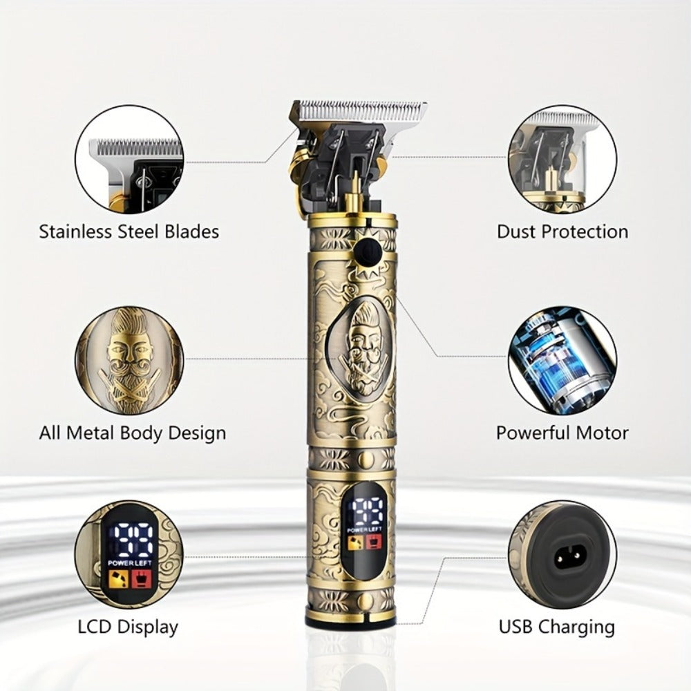 Professional Hair Clippers Trimmer Set for Men - T-Blade Trimmer Nose Hair Trimmer Electric Razor LCD Display USB Rechargeable Zinc Alloy Ergonomic Grooming Kit Bronze