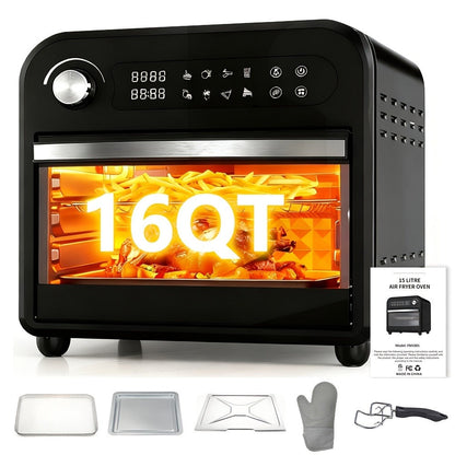 Air Fryer Toaster Oven Combo 15QT Extra Large, 360° Convection, LED Digital Display, Precise Temperature Control – Stainless Steel Interior, 5 Accessories, Healthy Low-Oil Cooking for Family Kitchen