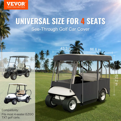 Golf Cart Enclosure 4-Person 300D Waterproof Driving Cover 4-Sided with Transparent PVC Windows Zippered Doors UV-Resistant All-Weather Golf Cart Rain Cover Fits 86 Inch Carts