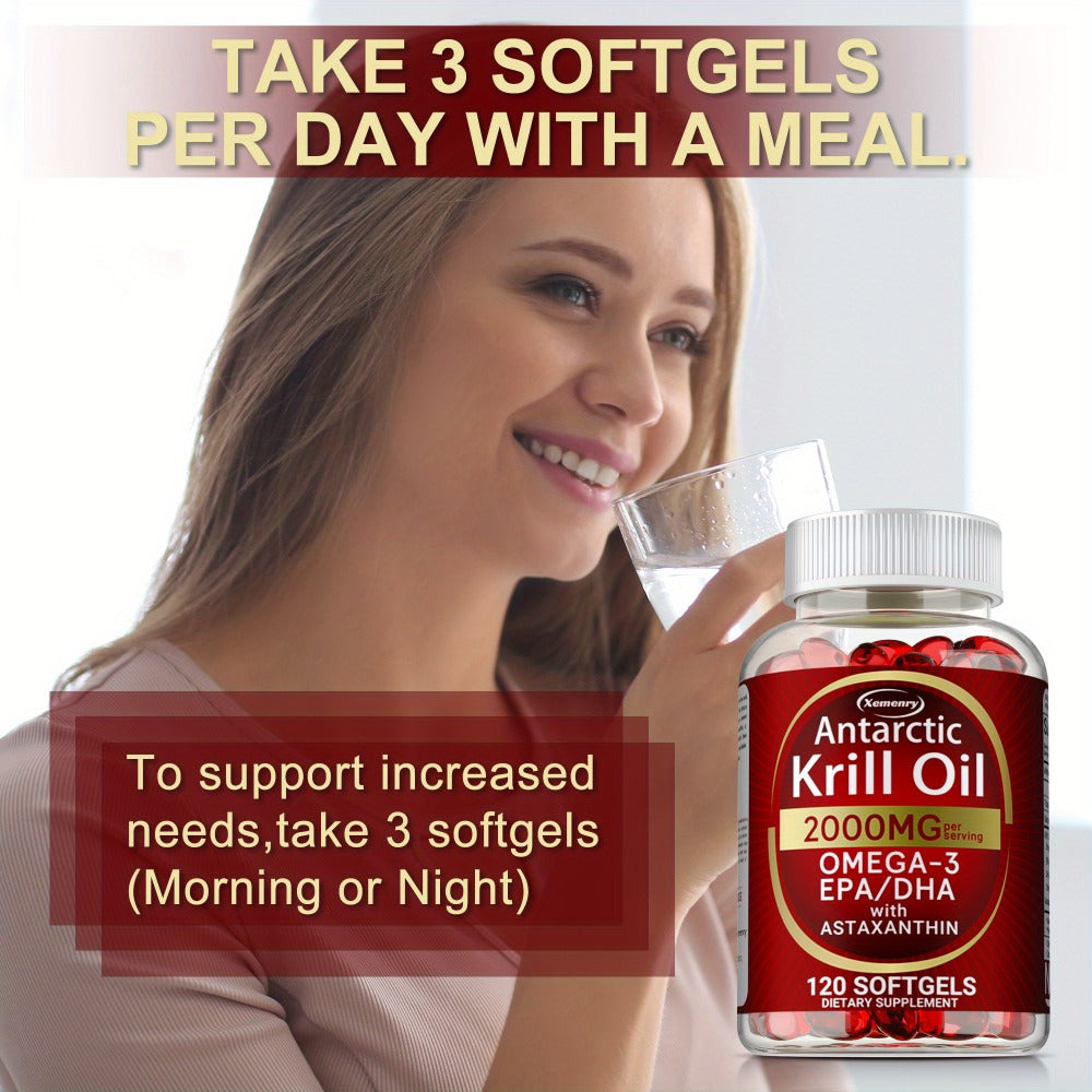 Antarctic Krill Oil 2000mg Softgels 120 Count with Astaxanthin EPA & DHA — High Absorption Omega-3 for Bone Immune Heart & Joint Health Support for Women and Men Gluten-Free