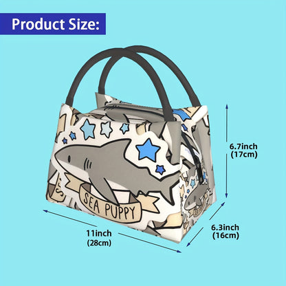 Cooler Bag with Grey Shark Pattern - Portable Reusable Insulated Lunch Bag for Camping, Picnic, Beach, Office, Home & Outdoor Use, Fun Kids & Adults Novelty Cooler Tote, 11 x 6.3 x 6.7 in