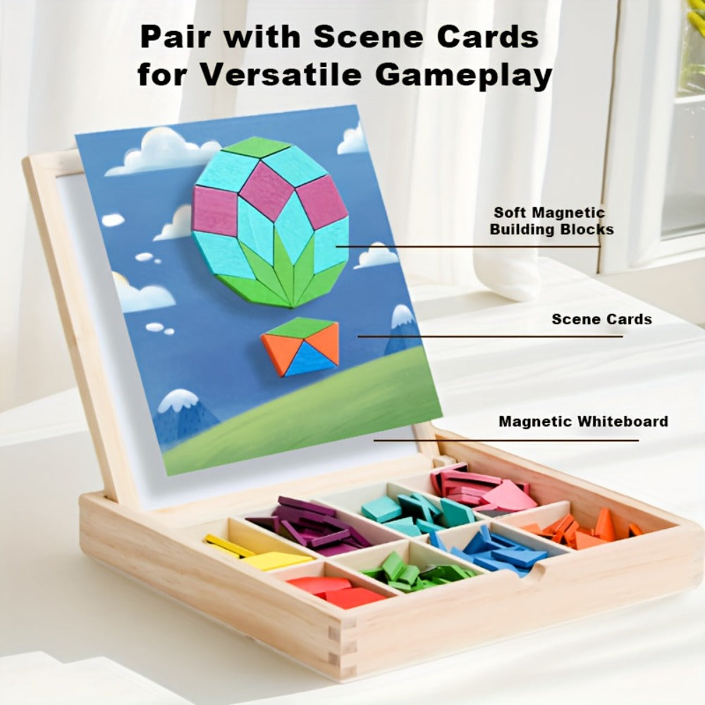 Magnetic Wooden Puzzle Blocks 128 180 220 Piece Set – Geometric Figures Cognitive Learning STEM Toy for Kids, Creative Jigsaw Building Gift for Toddlers & Children