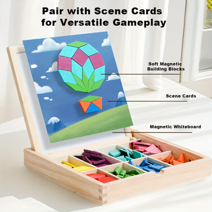 Magnetic Wooden Puzzle Blocks 128 180 220 Piece Set – Geometric Figures Cognitive Learning STEM Toy for Kids, Creative Jigsaw Building Gift for Toddlers & Children