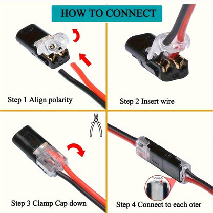 LED Wire Connector 2-Pin Quick Connect Terminal – PVC Insulated Copper Contact, Locking Buckle, 36V AC Low Voltage, for Automotive & Home LED Strip Wiring (12pc / 72pc)