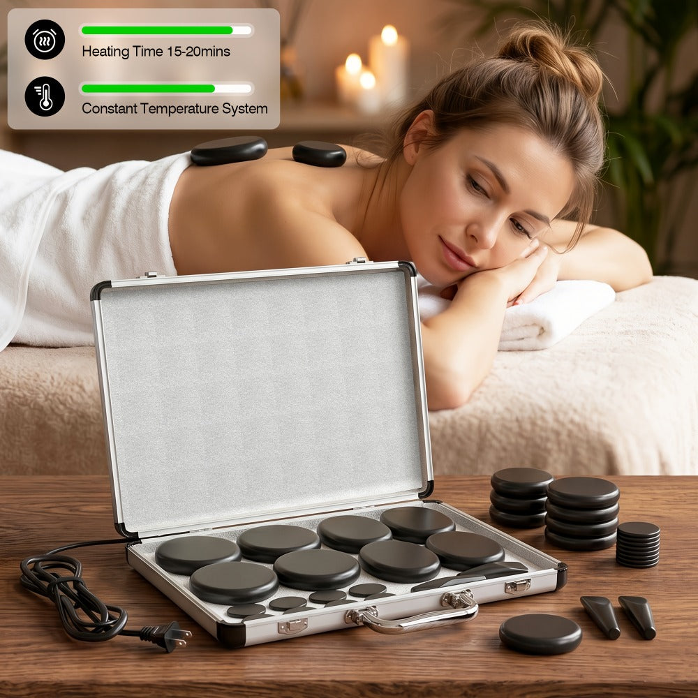 18-Piece Basalt Hot Stone Massage Set with Warmer — 4 Sizes for Full Body Deep Relaxation, Professional Therapist & Home Spa Stone Therapy Kit, Temperature Control Heater