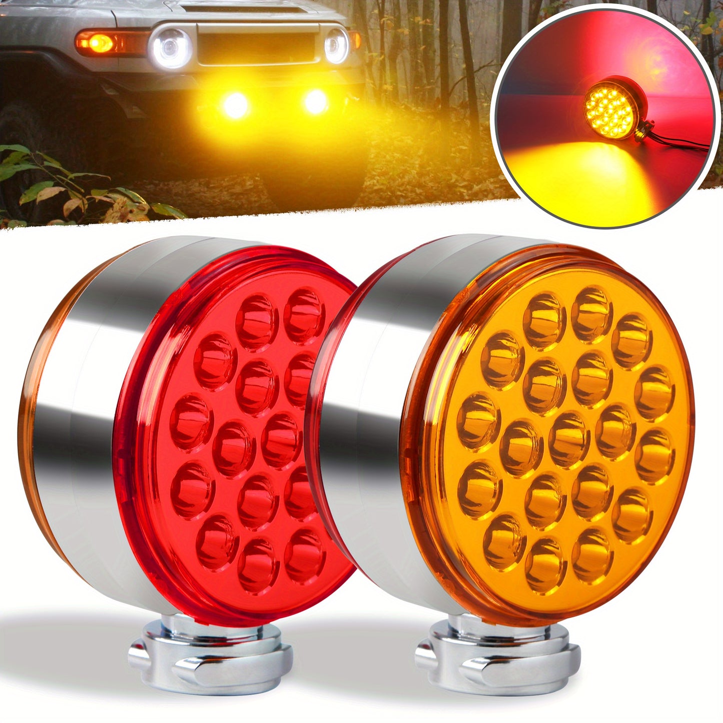 Truck Pedestal Lights Kit 4 Pack - 2pcs 4 Inch Round Double Face LED Turn Signal Lights 38-LED & 2pcs 3 Inch Round Double Face LED Marker Lights, Universal Trailer Semi Truck