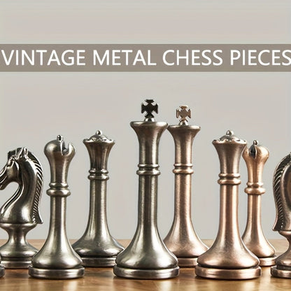 Wooden Chess Set with Metal Pieces & Storage Drawers 12 Inch – 2.5" Kings 2 Extra Queens Vintage Mahogany Board for Adults Beginners, Premium Strategy Game Gift