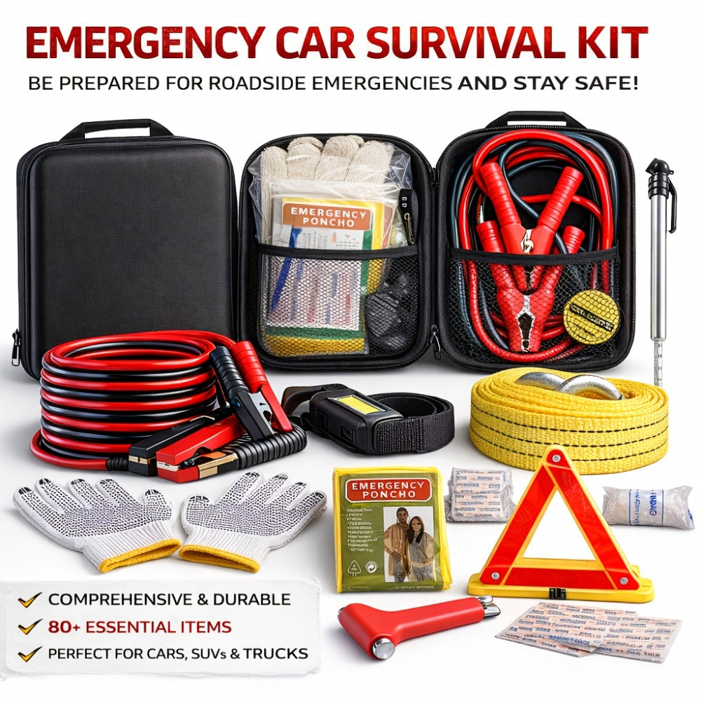 Car Emergency Roadside Kit with Jumper Cables - 12-Piece Automotive Safety Kit with Tow Rope, Safety Hammer, Tire Gauge, LED Headlight & First Aid for Car Truck SUV