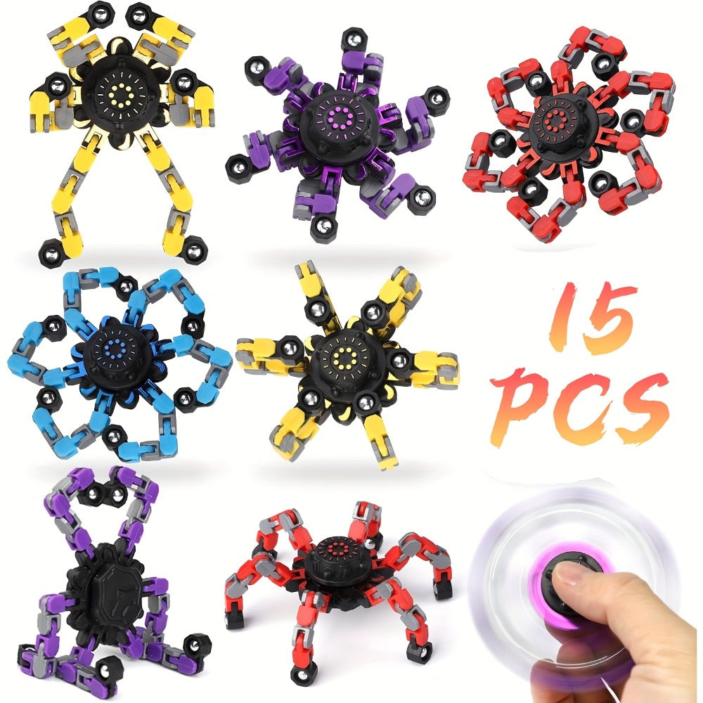 Fidget Spinners Robot Fingertip Toys 10 or 15 Pack – Stress Relief Mechanical Gyro Spinning Tops, Luminous & Standard, Party Favors for Kids Adults