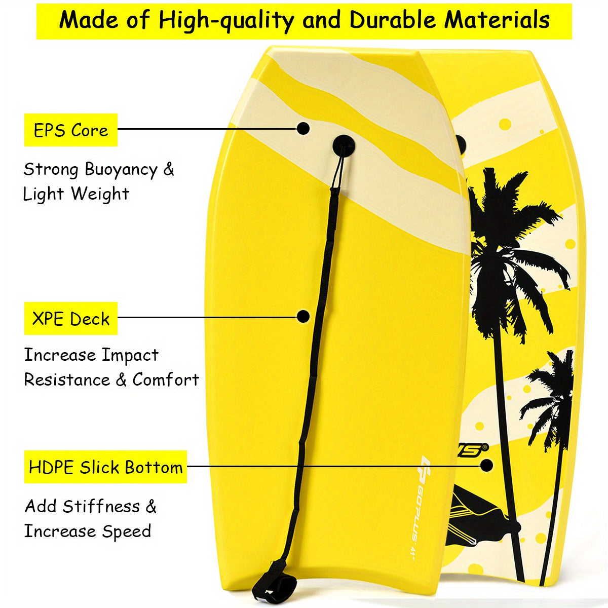EPS Core Bodyboard 41" with Leash – XPE Deck HDPE Slick Bottom Crescent Tail, Lightweight High-Speed Body Board for Surfing Ages 14+ Up to 189lbs