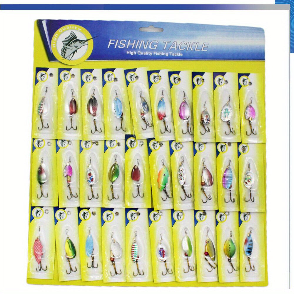 Fishing Lures Kit 30pcs Metal Spinnerbait Set for Trout Pike Salmon Bass - Assorted Colorful Hard Baits with Sturdy Hooks for Freshwater & Saltwater - Outdoor Fishing Tackle Accessories, 38x34mm Each