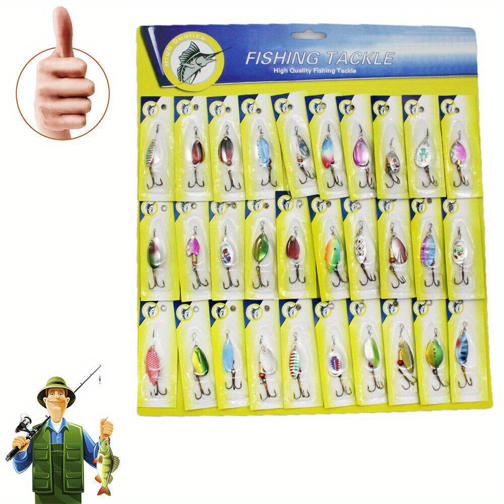 Fishing Lures Kit 30pcs Metal Spinnerbait Set for Trout Pike Salmon Bass - Assorted Colorful Hard Baits with Sturdy Hooks for Freshwater & Saltwater - Outdoor Fishing Tackle Accessories, 38x34mm Each