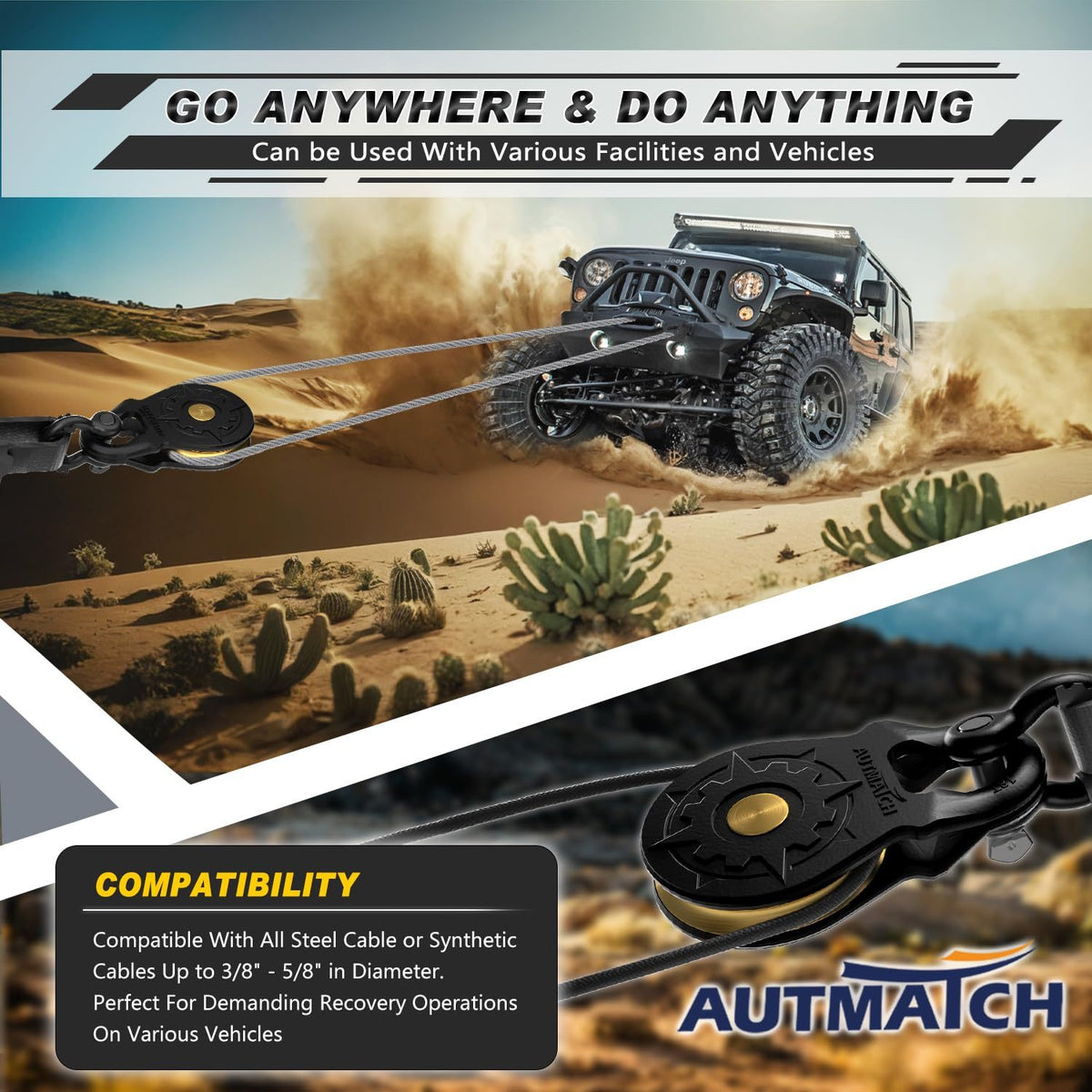 AUTMATCH 18 Ton Heavy-Duty Winch Snatch Block - 79,366 lbs Break Strength Forged Steel Pulley System, Galvanized & Powder Coated Off-Road Recovery Block for Truck, UTV, ATV, 4WD - Steel/Synthetic Cable Compatible (Multi-Color Options)