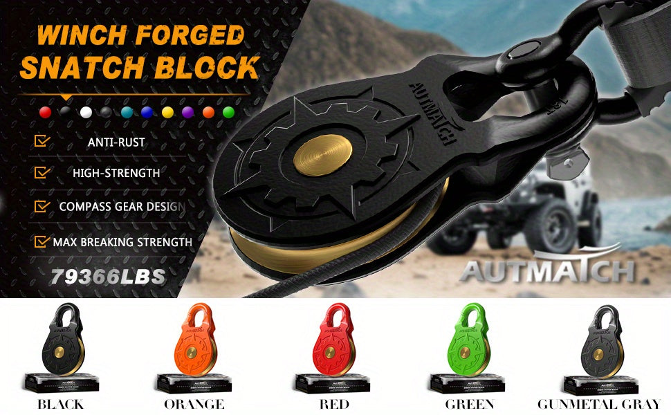 AUTMATCH 18 Ton Heavy-Duty Winch Snatch Block - 79,366 lbs Break Strength Forged Steel Pulley System, Galvanized & Powder Coated Off-Road Recovery Block for Truck, UTV, ATV, 4WD - Steel/Synthetic Cable Compatible (Multi-Color Options)