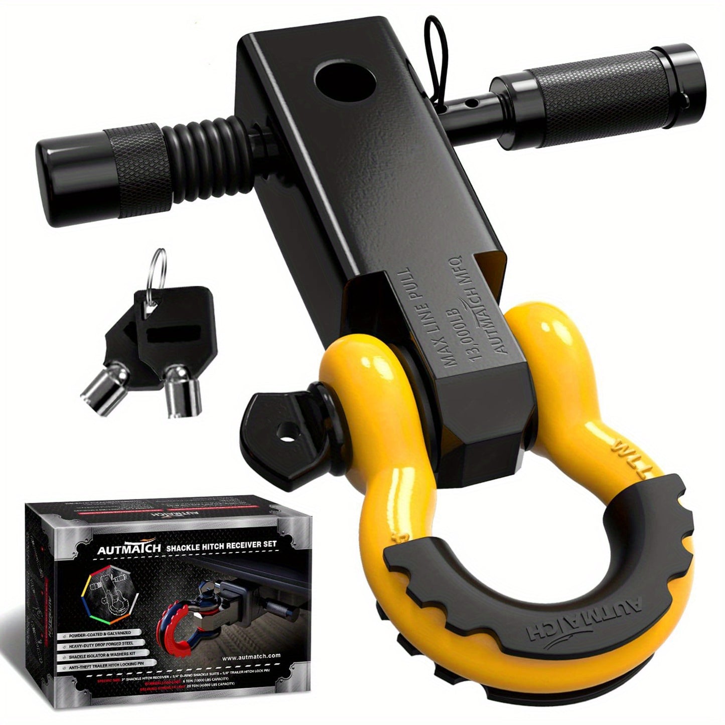 Shackle Hitch Receiver Kit 2 Inch – 45,000 lbs Break Strength, Drop-Forged Steel, Lock Pin & D-Ring, Fits Truck RV ATV Boat, 8 Colors, Towing Recovery Set