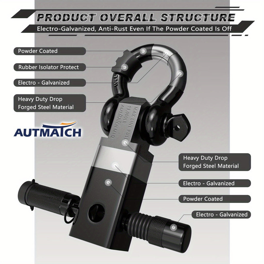 AUTMATCH 2-Inch Heavy Duty Shackle Hitch Receiver Kit - 45,000 lbs Break Strength, High-Strength Drop-Forged Towing System with Lock Pin & D-Ring Shackle for Truck,, RV, ATV, Boat Recovery ( Fit)
