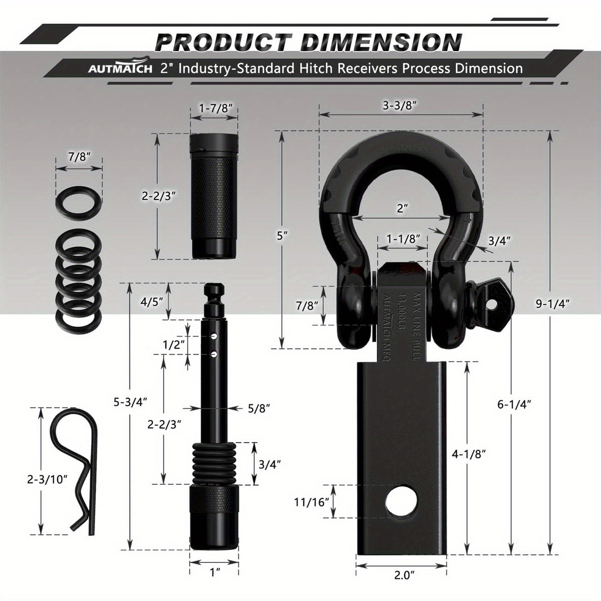 AUTMATCH 2-Inch Heavy Duty Shackle Hitch Receiver Kit - 45,000 lbs Break Strength, High-Strength Drop-Forged Towing System with Lock Pin & D-Ring Shackle for Truck,, RV, ATV, Boat Recovery ( Fit)