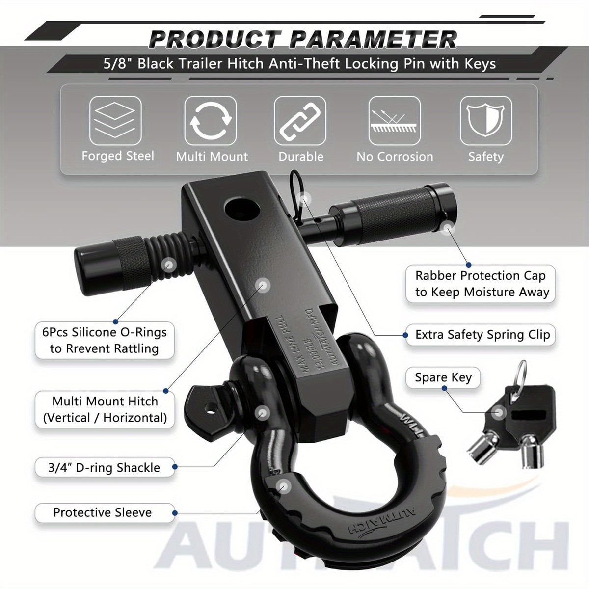 AUTMATCH 2-Inch Heavy Duty Shackle Hitch Receiver Kit - 45,000 lbs Break Strength, High-Strength Drop-Forged Towing System with Lock Pin & D-Ring Shackle for Truck,, RV, ATV, Boat Recovery ( Fit)