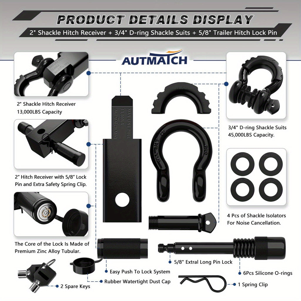 AUTMATCH 2-Inch Heavy Duty Shackle Hitch Receiver Kit - 45,000 lbs Break Strength, High-Strength Drop-Forged Towing System with Lock Pin & D-Ring Shackle for Truck,, RV, ATV, Boat Recovery ( Fit)