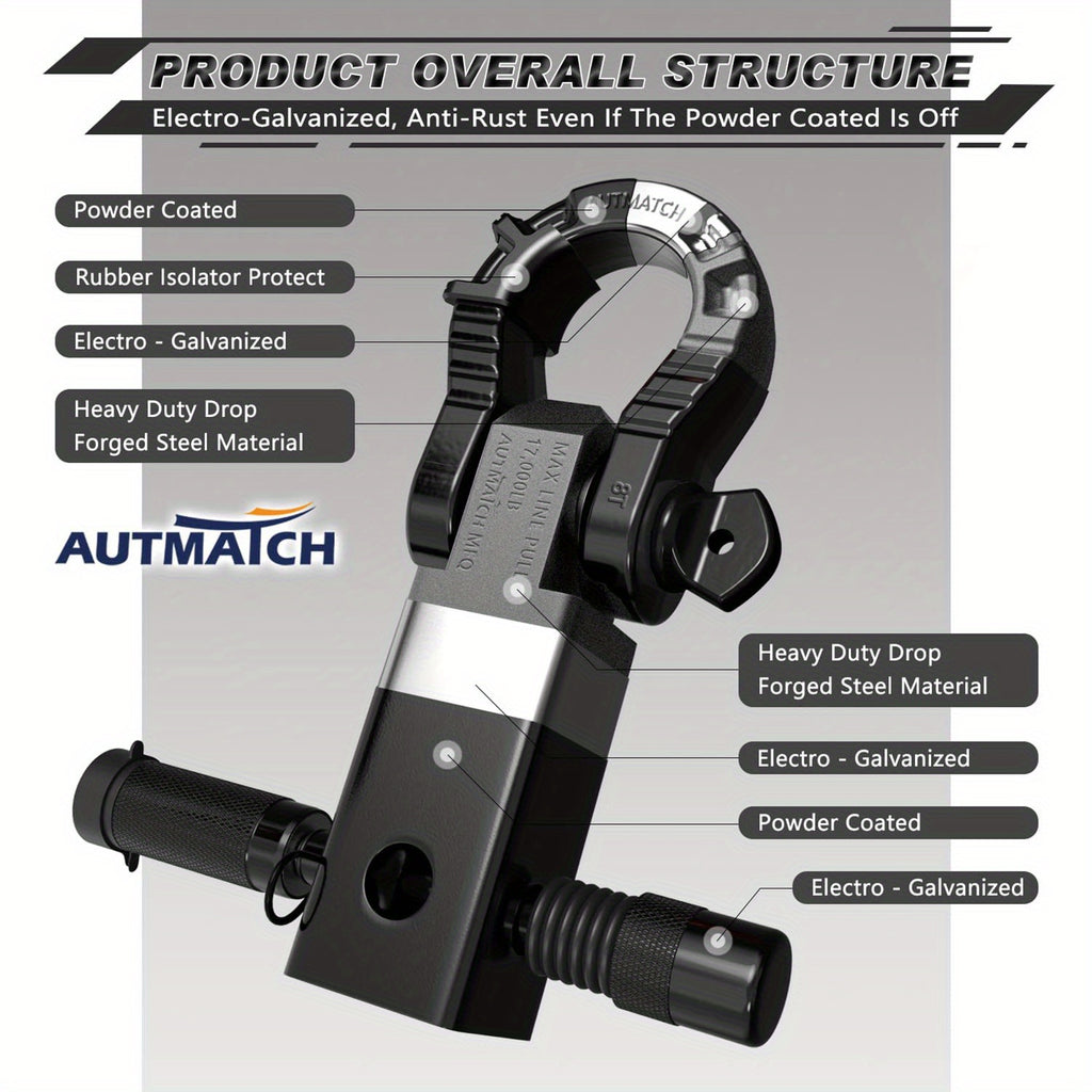 AUTMATCH 2-Inch Shackle Hitch Receiver Featuring a 3/4" Mega D Ring Shackle And a 5/8" Trailer Hitch Lock Pin, Designed for Heavy-Duty Vehicle Recovery with a Break Strength of 68, 000 Lbs