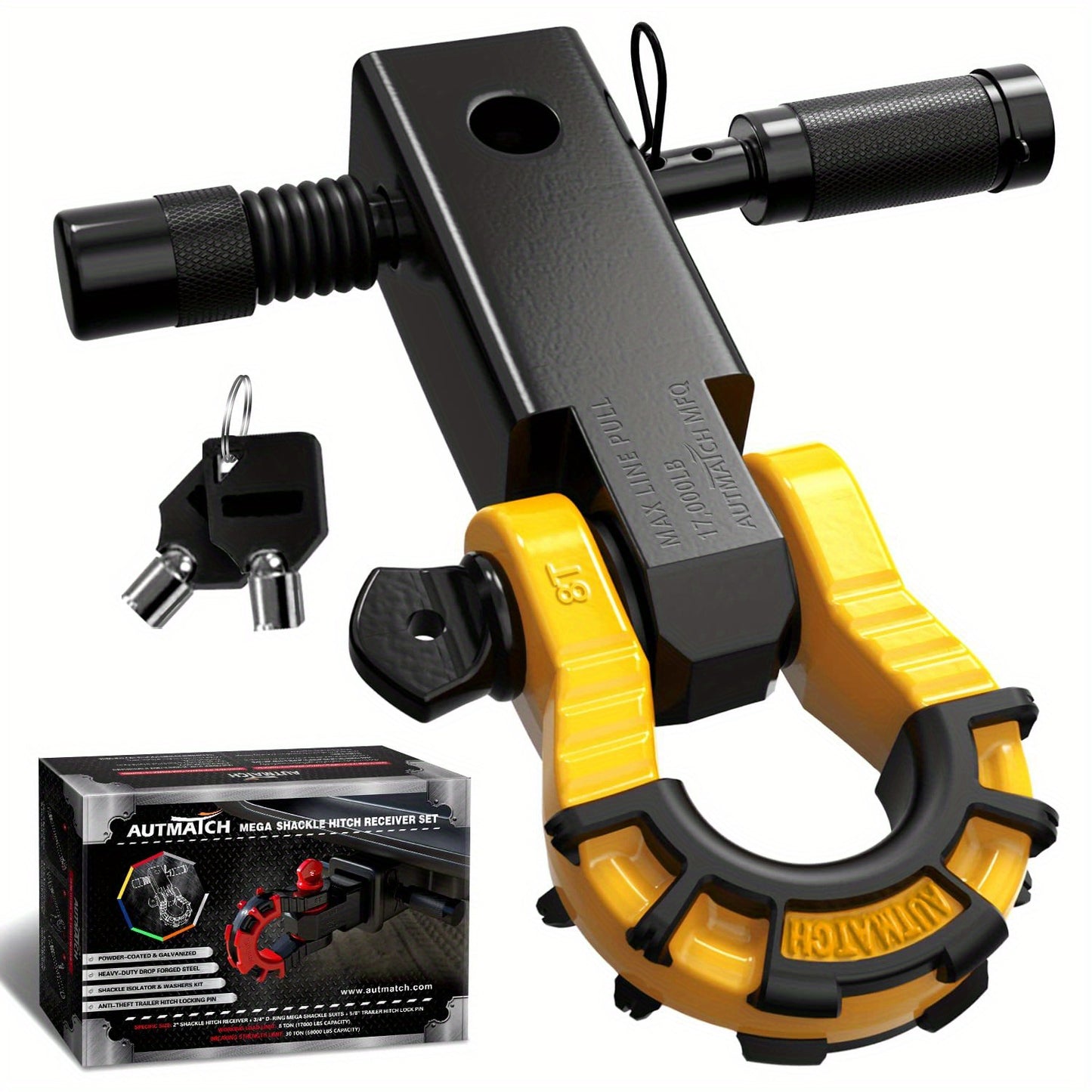 AUTMATCH 2-Inch Shackle Hitch Receiver Featuring a 3/4" Mega D Ring Shackle And a 5/8" Trailer Hitch Lock Pin, Designed for Heavy-Duty Vehicle Recovery with a Break Strength of 68, 000 Lbs