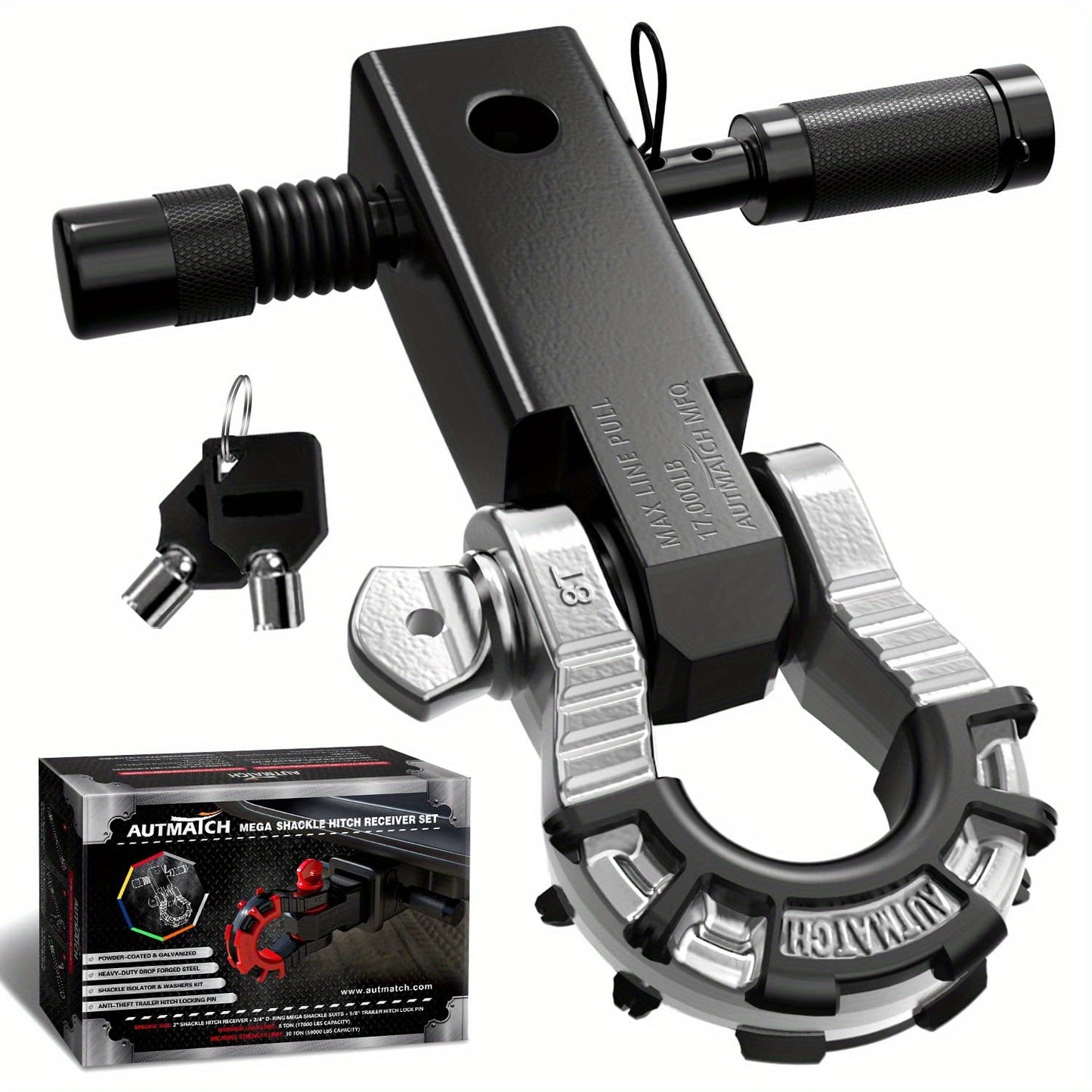 AUTMATCH 2-Inch Shackle Hitch Receiver Featuring a 3/4" Mega D Ring Shackle And a 5/8" Trailer Hitch Lock Pin, Designed for Heavy-Duty Vehicle Recovery with a Break Strength of 68, 000 Lbs