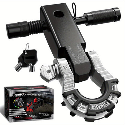 AUTMATCH 2-Inch Shackle Hitch Receiver Featuring a 3/4" Mega D Ring Shackle And a 5/8" Trailer Hitch Lock Pin, Designed for Heavy-Duty Vehicle Recovery with a Break Strength of 68, 000 Lbs
