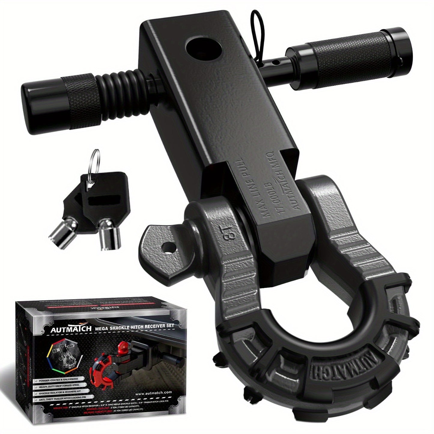 AUTMATCH 2-Inch Shackle Hitch Receiver Featuring a 3/4" Mega D Ring Shackle And a 5/8" Trailer Hitch Lock Pin, Designed for Heavy-Duty Vehicle Recovery with a Break Strength of 68, 000 Lbs