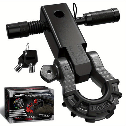 AUTMATCH 2-Inch Shackle Hitch Receiver Featuring a 3/4" Mega D Ring Shackle And a 5/8" Trailer Hitch Lock Pin, Designed for Heavy-Duty Vehicle Recovery with a Break Strength of 68, 000 Lbs