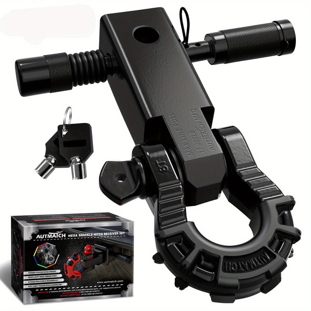 AUTMATCH 2-Inch Shackle Hitch Receiver Featuring a 3/4" Mega D Ring Shackle And a 5/8" Trailer Hitch Lock Pin, Designed for Heavy-Duty Vehicle Recovery with a Break Strength of 68, 000 Lbs