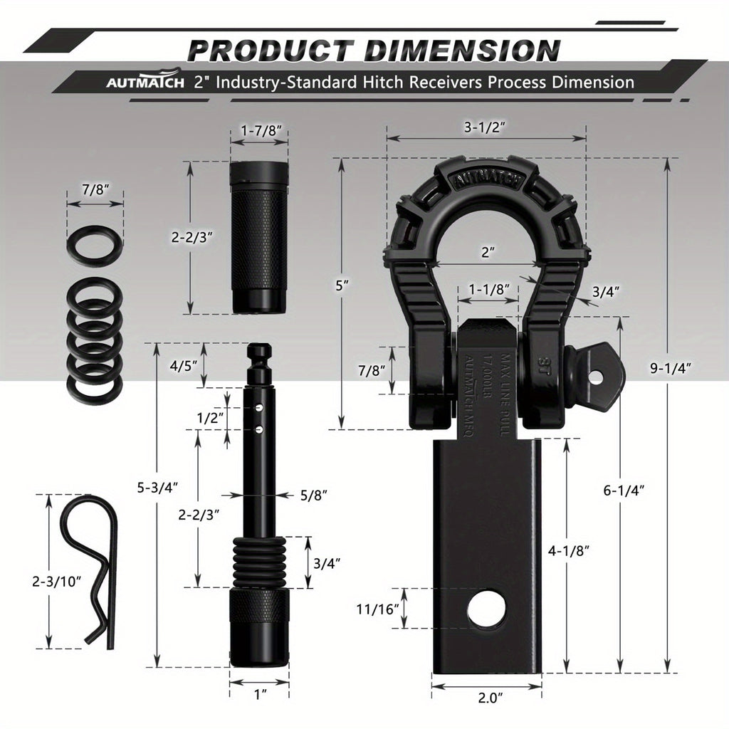 AUTMATCH 2-Inch Shackle Hitch Receiver Featuring a 3/4" Mega D Ring Shackle And a 5/8" Trailer Hitch Lock Pin, Designed for Heavy-Duty Vehicle Recovery with a Break Strength of 68, 000 Lbs
