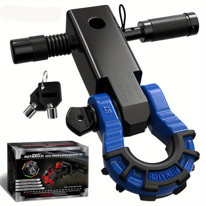 AUTMATCH 2-Inch Shackle Hitch Receiver Featuring a 3/4" Mega D Ring Shackle And a 5/8" Trailer Hitch Lock Pin, Designed for Heavy-Duty Vehicle Recovery with a Break Strength of 68, 000 Lbs