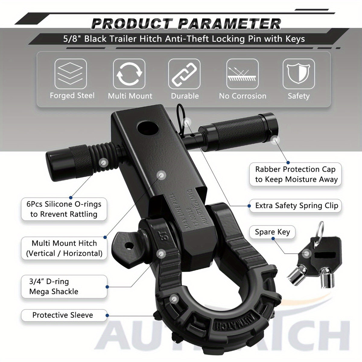 AUTMATCH 2-Inch Shackle Hitch Receiver Featuring a 3/4" Mega D Ring Shackle And a 5/8" Trailer Hitch Lock Pin, Designed for Heavy-Duty Vehicle Recovery with a Break Strength of 68, 000 Lbs