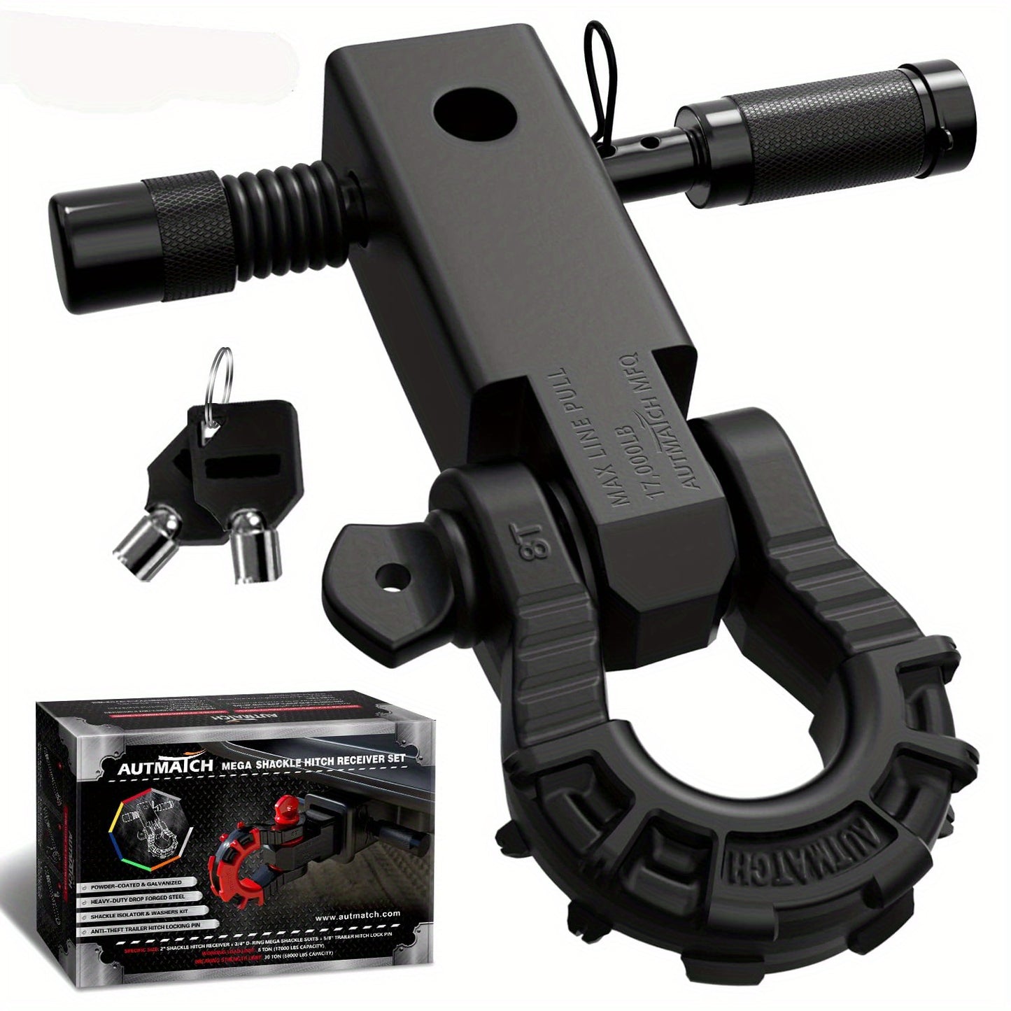 Shackle Hitch Receiver 2-Inch 68,000 lb Break Strength with 3/4" D-Ring & 5/8" Hitch Lock Pin – Heavy Duty Drop Forged Steel 8-Ton Vehicle Recovery Tow Hitch, Multi-Color