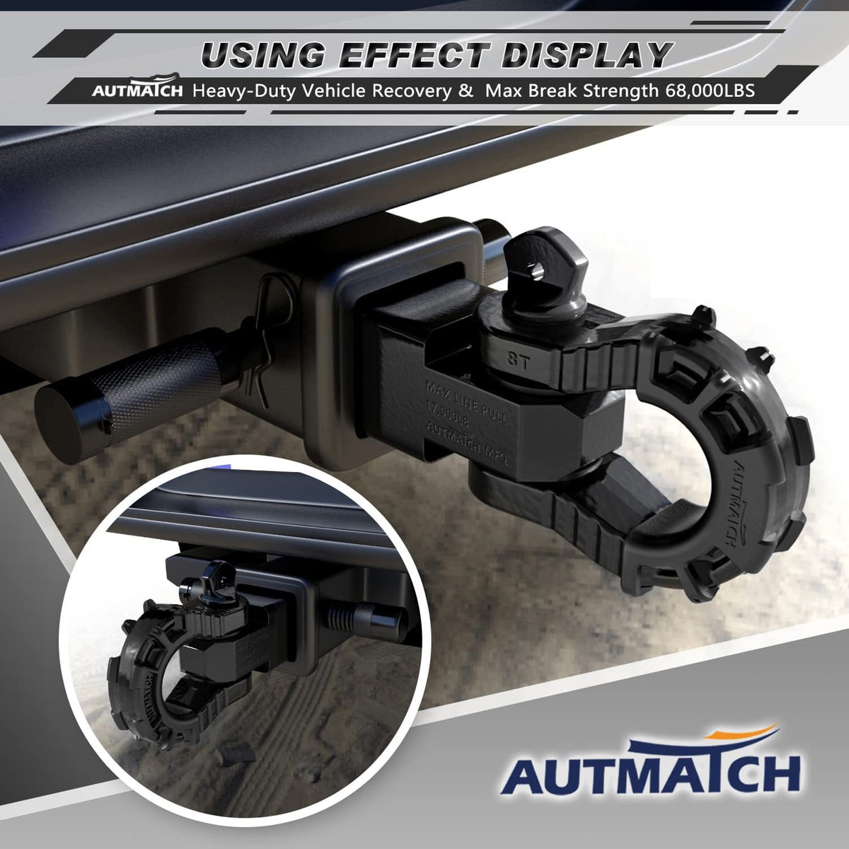 AUTMATCH 2-Inch Shackle Hitch Receiver Featuring a 3/4" Mega D Ring Shackle And a 5/8" Trailer Hitch Lock Pin, Designed for Heavy-Duty Vehicle Recovery with a Break Strength of 68, 000 Lbs