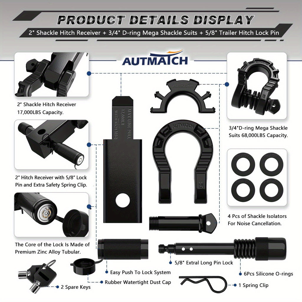 AUTMATCH 2-Inch Shackle Hitch Receiver Featuring a 3/4" Mega D Ring Shackle And a 5/8" Trailer Hitch Lock Pin, Designed for Heavy-Duty Vehicle Recovery with a Break Strength of 68, 000 Lbs